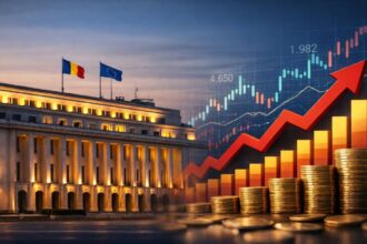 Grafic ilustrativ al creșterii datoriei publice a României, cu simboluri financiare și fundal instituțional