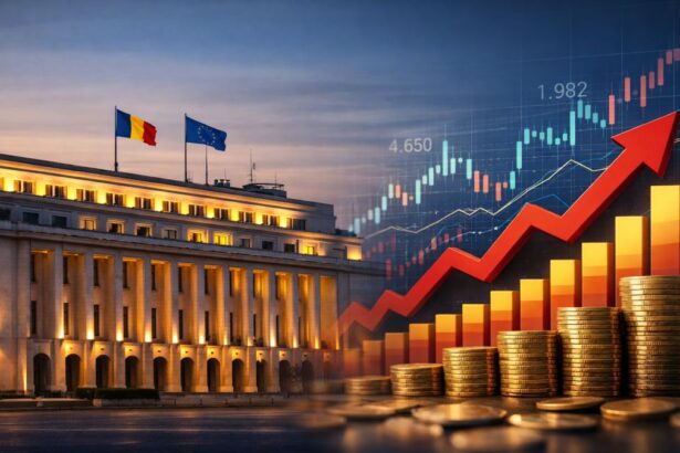 Grafic ilustrativ al creșterii datoriei publice a României, cu simboluri financiare și fundal instituțional