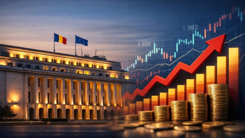 Grafic ilustrativ al creșterii datoriei publice a României, cu simboluri financiare și fundal instituțional