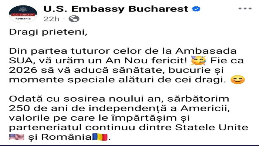 Mesaj de Anul Nou transmis de Ambasada Statelor Unite ale Americii către români, pentru anul 2026
