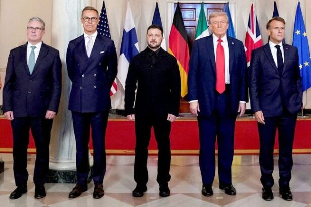 Illustration symbolizing tensions between European leaders and the United States over security, responsibility, and transatlantic relations.