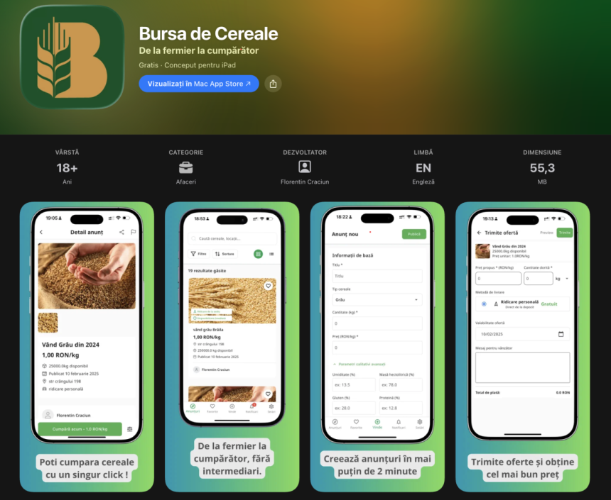 Platforma Bursa de Cereale pe telefon mobil utilizată de fermier pentru tranzacționarea cerealelor în mod digital