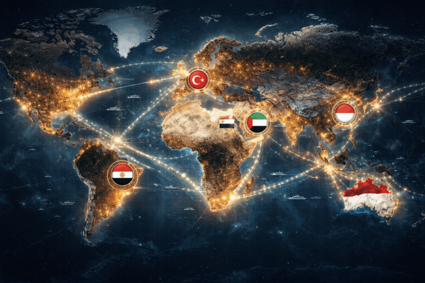 Global geopolitical map highlighting major trade and energy routes and key pivot states such as Turkey, Egypt, the United Arab Emirates, and Indonesia in a fragmented international order.