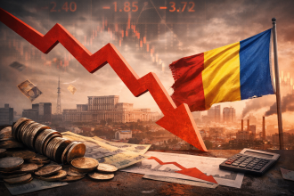 Grafic economic descendent simbolizând recesiunea tehnică a României, cu siluetă urbană și indicatori financiari în scădere, atmosferă realistă și profesională pentru articol economic Atlas News