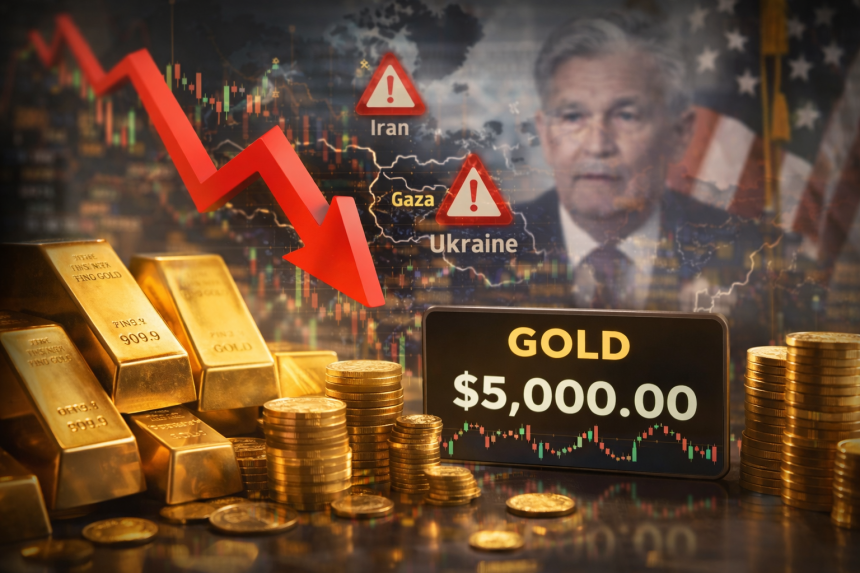 Gold bars and financial charts illustrating the historic rise to $5,000 per ounce amid global economic and geopolitical uncertainty