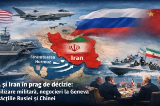 Ilustrație cu harta Orientului Mijlociu și Strâmtoarea Hormuz, pe fundal cu o navă militară, sugerând tensiunile SUA–Iran și negocierile de la Geneva.