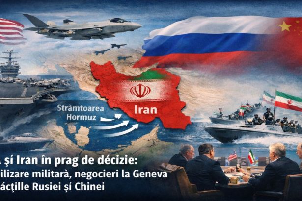 Ilustrație cu harta Orientului Mijlociu și Strâmtoarea Hormuz, pe fundal cu o navă militară, sugerând tensiunile SUA–Iran și negocierile de la Geneva.
