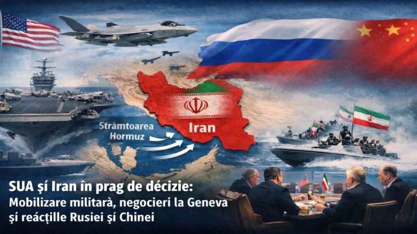 Ilustrație cu harta Orientului Mijlociu și Strâmtoarea Hormuz, pe fundal cu o navă militară, sugerând tensiunile SUA–Iran și negocierile de la Geneva.