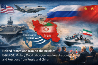 U.S. aircraft carrier and fighter jets near the Middle East map highlighting Iran and the Strait of Hormuz, symbolizing rising geopolitical tensions.