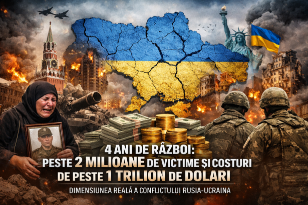 Harta Ucrainei afectată de conflict și distrugeri majore în urma războiului Rusia–Ucraina, simbol al costurilor umane și economice după 4 ani de război.