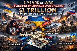 Map of Ukraine amid war destruction symbolizing four years of conflict, over 2 million victims, and economic costs exceeding $1 trillion.
