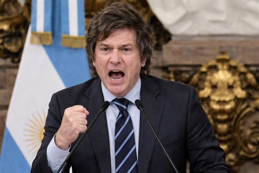 Argentine President Javier Milei delivering a speech during fiscal reform measures that led Argentina from chronic deficit to budget surplus.