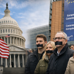Clădirea Congresului Statelor Unite și sediul Comisiei Europene, cu cetățeni europeni având gura acoperită, simbolizând acuzațiile privind cenzura online și influențarea proceselor electorale.