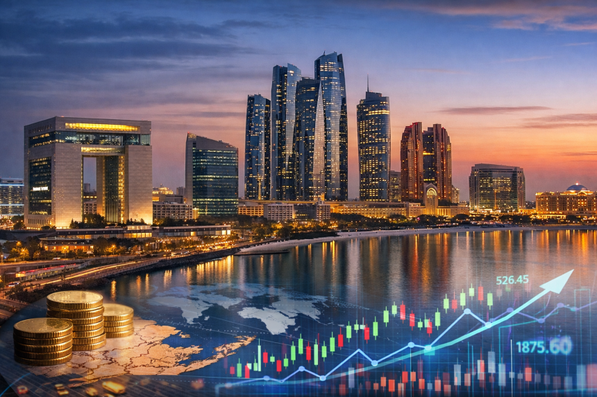 Abu Dhabi financial district skyline at sunset, symbolizing the migration of global financial flows toward the United Arab Emirates