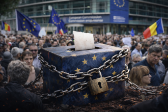 Protest pentru democrație și libertatea de exprimare în Europa, cu steagul UE în fundal și oameni cerând respectarea votului cetățenilor.