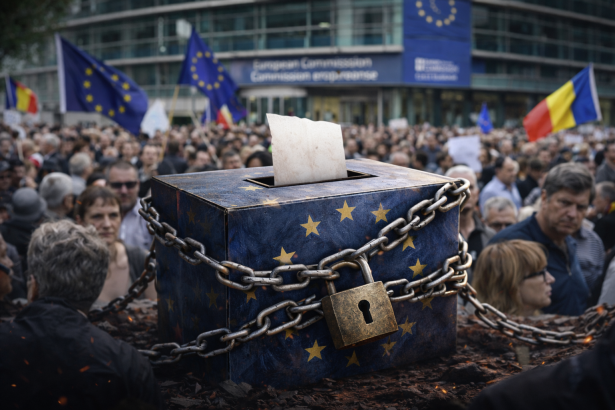 Protest pentru democrație și libertatea de exprimare în Europa, cu steagul UE în fundal și oameni cerând respectarea votului cetățenilor.