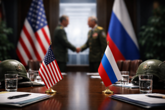 Strategic negotiation table with US and Russian flags and military documents, symbolizing renewed military dialogue in a global context without the New START nuclear treaty.