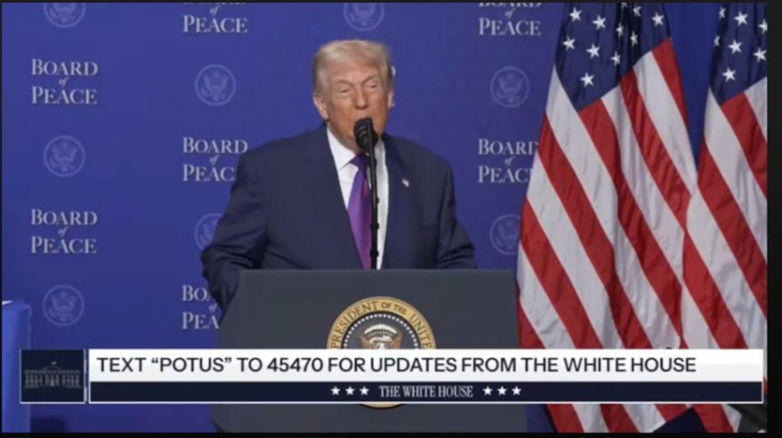 Donald Trump at Board of Peace summit in Washington with world leaders, symbolizing US strategic leadership and the new global doctrine of speed and operational power
