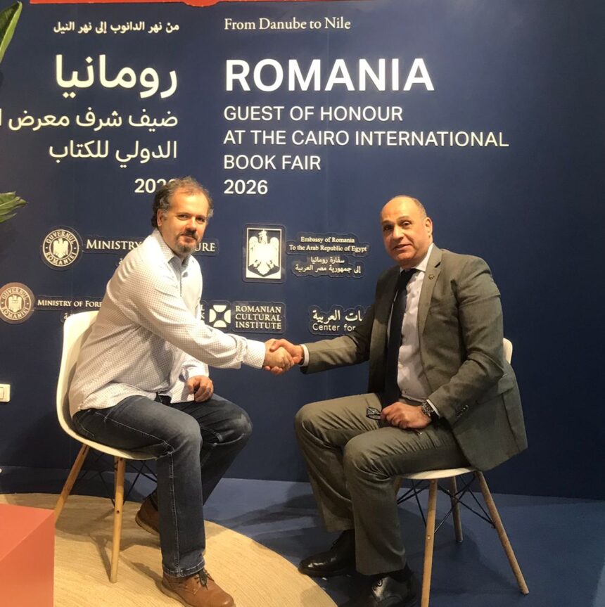 Romanian author Radu Vancu speaking with Amr Yehia about literature and cultural dialogue during Romania’s participation at the Cairo International Book Fair