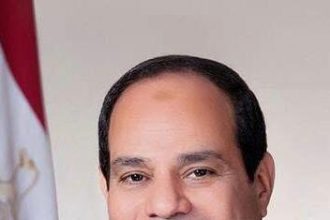 Official portrait of Egyptian President Abdel-Fattah El-Sisi against Egyptian flag backdrop