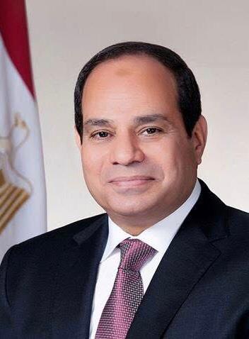 Official portrait of Egyptian President Abdel-Fattah El-Sisi against Egyptian flag backdrop