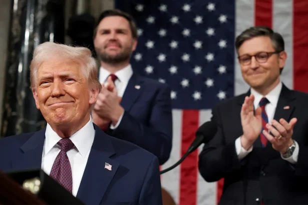 President Donald Trump delivering the State of the Union address at the US Capitol, defending his tariff policy amid legal challenges.