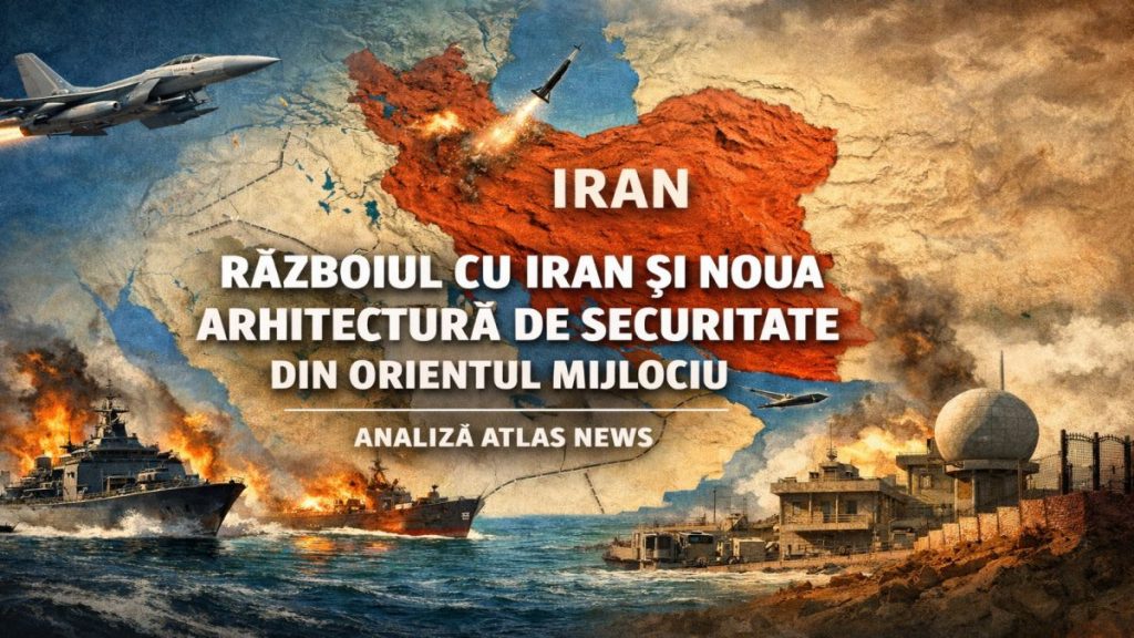 Hartă simbolică a Orientului Mijlociu cu accent pe Iran, statele din Golf, Israel și rutele strategice de securitate, în contextul noii arhitecturi regionale