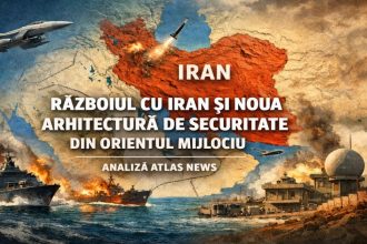 Hartă simbolică a Orientului Mijlociu cu accent pe Iran, statele din Golf, Israel și rutele strategice de securitate, în contextul noii arhitecturi regionale
