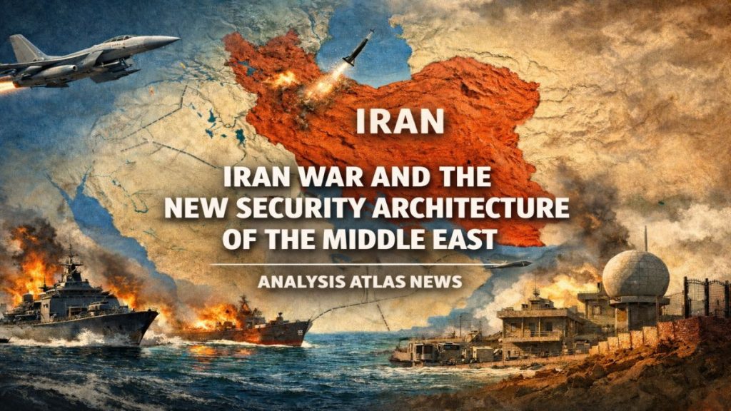 Strategic illustration of the Middle East focused on Iran, the Gulf region, maritime security routes, and the emerging regional security architecture in the context of war