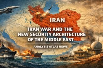 Strategic illustration of the Middle East focused on Iran, the Gulf region, maritime security routes, and the emerging regional security architecture in the context of war