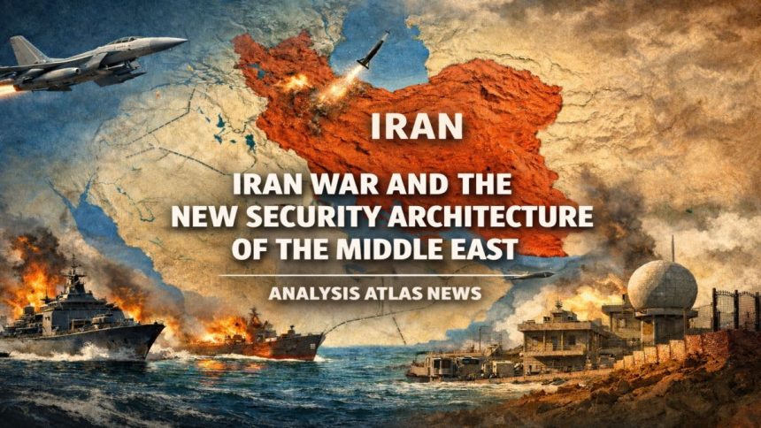 Strategic illustration of the Middle East focused on Iran, the Gulf region, maritime security routes, and the emerging regional security architecture in the context of war