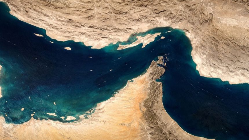 Symbolic map of Europe and the Middle East highlighting the Strait of Hormuz, oil tankers, trade routes, and the impact of the energy crisis on the European economy.