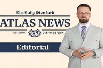 Editorial visual for Atlas News featuring Mihai Alexe next to the Atlas News logo, with the label “Editorial” highlighted on a blue banner over a cream background.