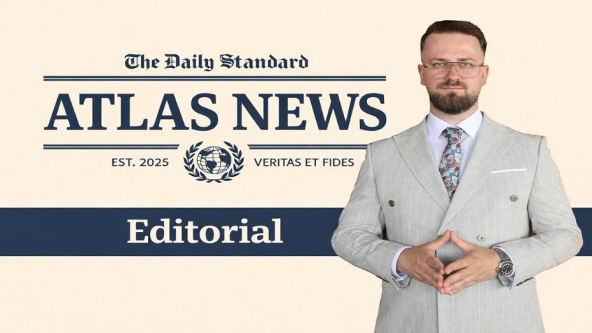 Editorial visual for Atlas News featuring Mihai Alexe next to the Atlas News logo, with the label “Editorial” highlighted on a blue banner over a cream background.