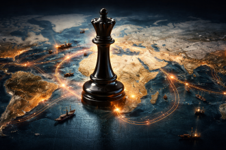 Strategic depiction of the Strait of Hormuz as a global chokepoint, with oil tankers, naval presence, and trade routes symbolizing energy security and shifting world order.