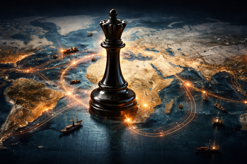 Strategic depiction of the Strait of Hormuz as a global chokepoint, with oil tankers, naval presence, and trade routes symbolizing energy security and shifting world order.