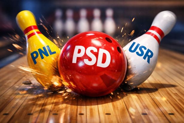Bilă de bowling roșie inscripționată „PSD” lovește și doboară două popice: unul galben „PNL” și unul alb „USR”, pe o pistă de bowling iluminată dramatic, simbolizând confruntarea politică din coaliție