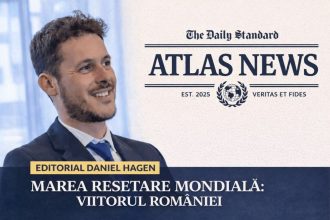 Editorial Atlas News cu Daniel Hagen, prezentat în prim-plan, alături de titlul „Marea Resetare Mondială: Viitorul României”, pe fundal grafic oficial Atlas News cu elemente de identitate vizuală și design editorial premium.
