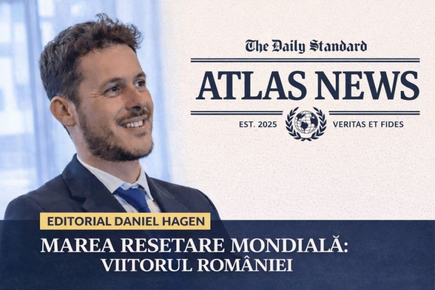 Editorial Atlas News cu Daniel Hagen, prezentat în prim-plan, alături de titlul „Marea Resetare Mondială: Viitorul României”, pe fundal grafic oficial Atlas News cu elemente de identitate vizuală și design editorial premium.