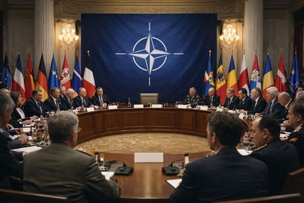 High-level NATO meeting in an official chamber, with political and military leaders gathered around an oval table, member-state flags and the NATO emblem in the background, symbolizing the strategic debate over the future of the Alliance and Europe’s security.