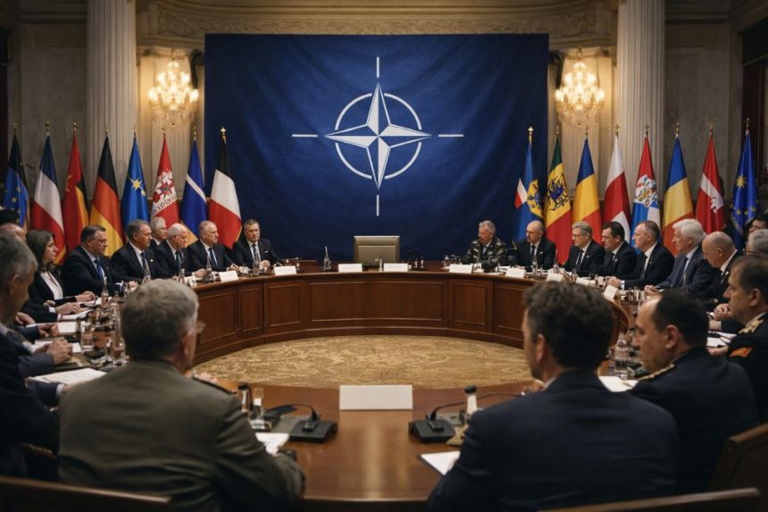 High-level NATO meeting in an official chamber, with political and military leaders gathered around an oval table, member-state flags and the NATO emblem in the background, symbolizing the strategic debate over the future of the Alliance and Europe’s security.