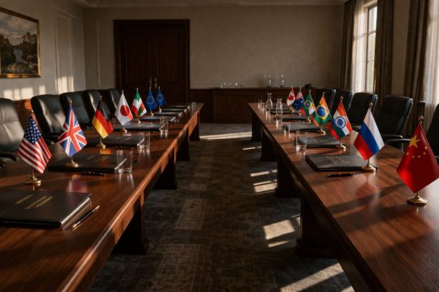 Empty diplomatic conference room at dusk — long tables, national flags, closed folders — symbolising the transition from classical protocol-driven diplomacy to the transactional era of modern statecraft.