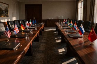 Empty diplomatic conference room at dusk — long tables, national flags, closed folders — symbolising the transition from classical protocol-driven diplomacy to the transactional era of modern statecraft.