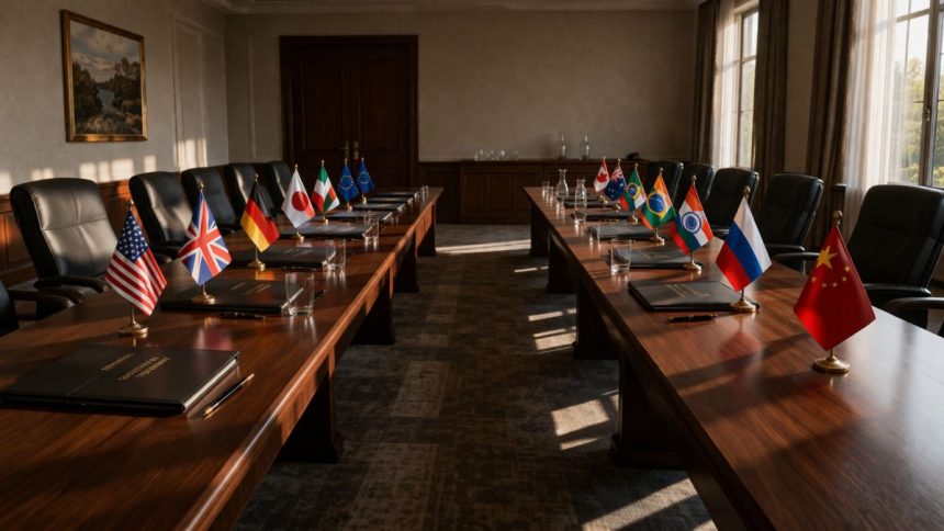 Empty diplomatic conference room at dusk — long tables, national flags, closed folders — symbolising the transition from classical protocol-driven diplomacy to the transactional era of modern statecraft.