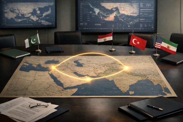 Geopolitical map of the Middle East highlighting Pakistan, Egypt and Turkey as key diplomatic connectors in the Hormuz crisis