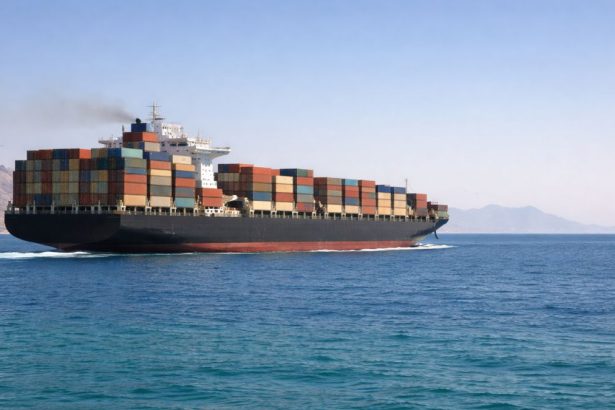 A commercial vessel crossing the Red Sea amid regional tensions, symbolizing the strategic and economic risk created by the Houthis’ entry into the conflict