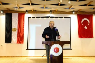 Turkish Ambassador Salih Mutlu Şen speaking about Egypt Turkey relations and regional peace during a Ramadan Iftar event in Cairo.