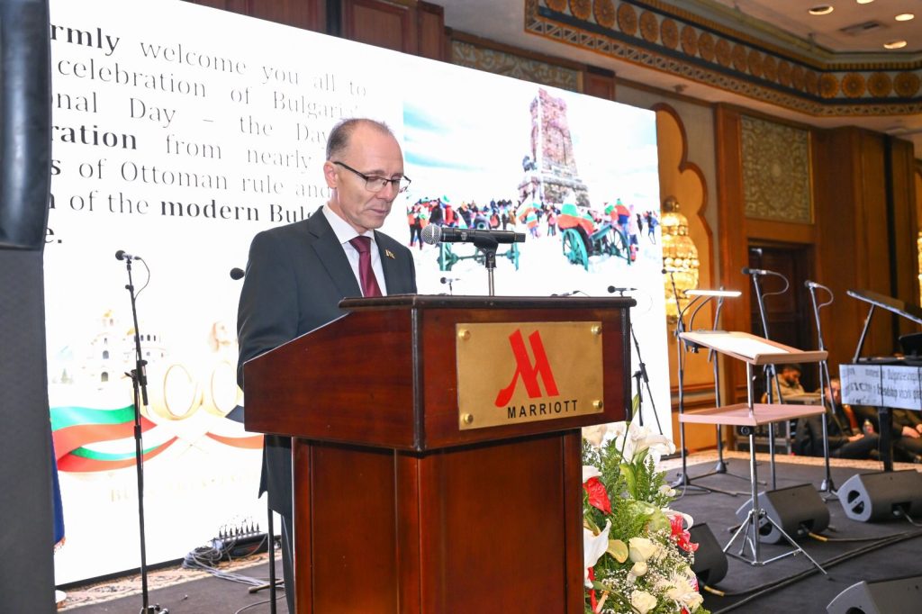 Ambassador Deyan Katratchev speaks at Bulgaria’s National Day reception in Cairo marking 100 years of diplomatic ties between Bulgaria and Egypt.