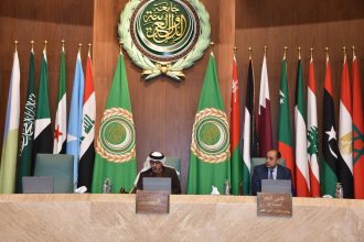 Ahmed Aboul Gheit speaking during an Arab League ministerial session focused on Iranian attacks, Arab sovereignty and regional security