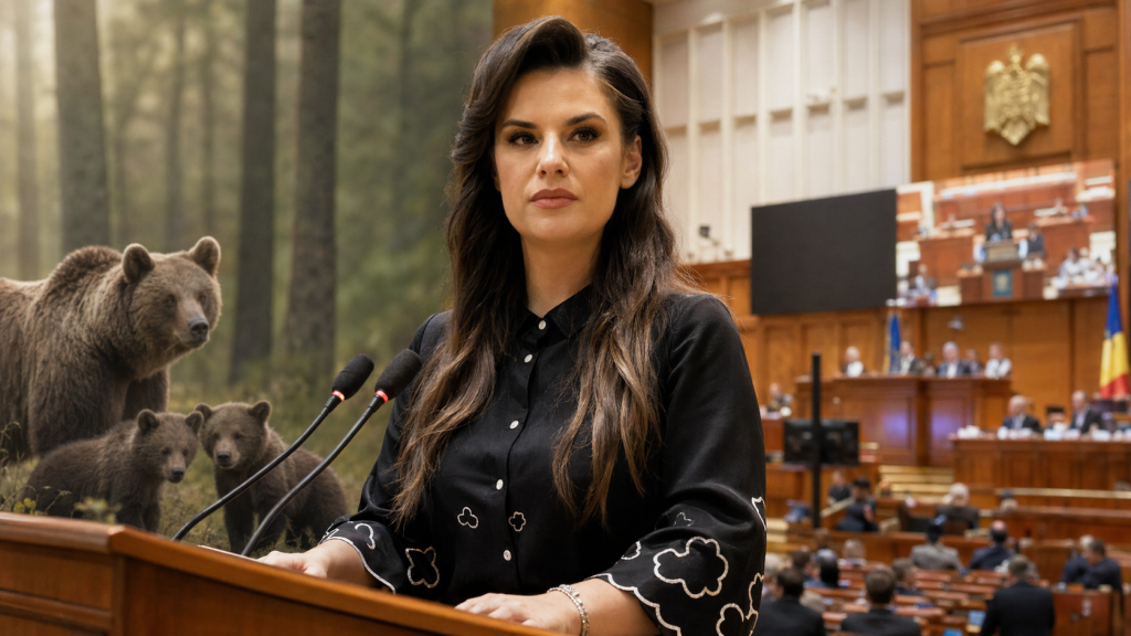 Deputata Codruța Corcheș, în Parlament, într-o imagine editorială despre controversa legii privind uciderea urșilor din România.